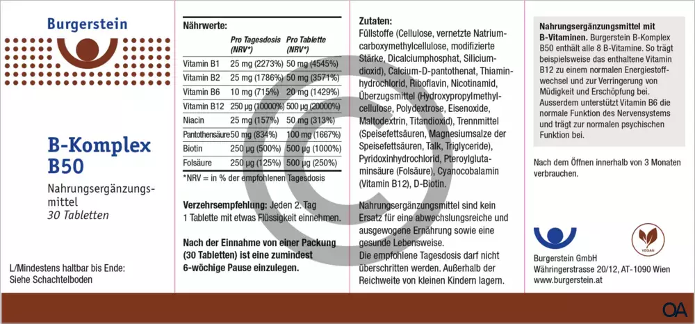 Burgerstein Vitamin B-Komplex B50 Tabletten