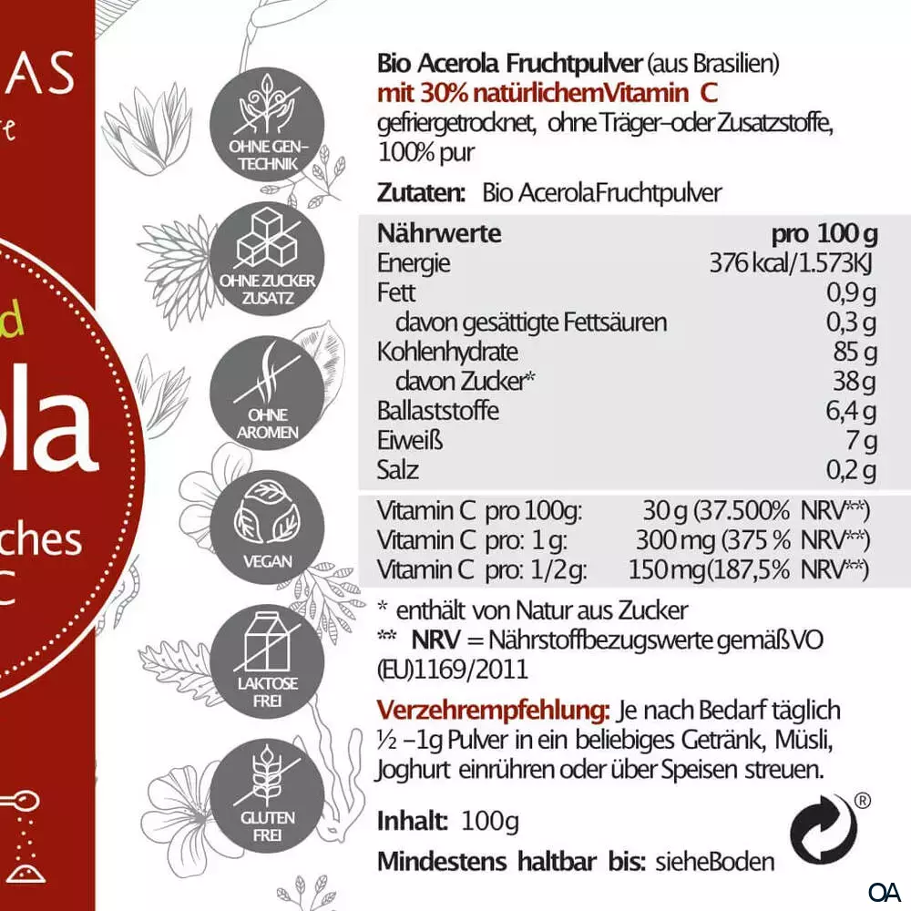 AMAZONAS BIO Acerola Vitamin C Fruchtpulver mit 30% natürlichem Vitamin C